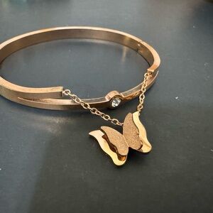 Rose Gold Butterfly Charm Bangle Bracelet with Crystal Accent